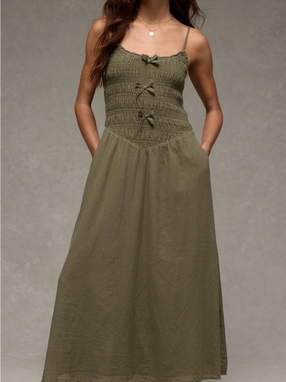 American Eagle Outfitters Olive Green Smocked Midi Dress L